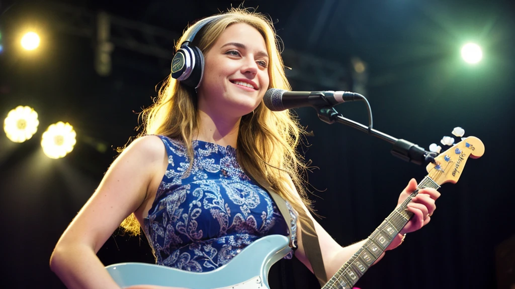 Beautiful blonde with big breasts in a dress (Playing guitar under the spotlight on stage at a live venue),Wearing headphones,Very detailed, 21 years old, Innocent face, Naturally Wavy Hair, blue eyes, High resolution, masterpiece, Highest quality, Intricate details, Very detailed, Clear focus, Delicate skin, practical skin texture, texture, Delicate eyes, Professional, 4K, Cute Smile, Shot with Canon, 85mm, Shallow and deep,  Kodak Vision Color, Exactly, Very detailed, photograph_\(Extremist\), photographpractical, practical, Post-processing, Maximum details, Roughness, Real Life, Extremist practical, Photorealism, photographgraphy, 8K Ultra HD, photographgraphy