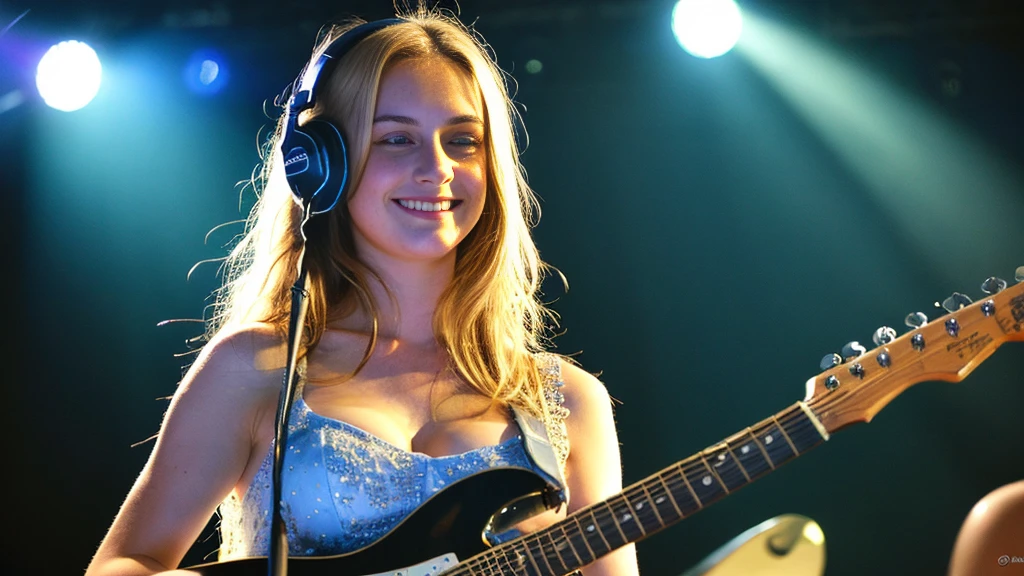 Beautiful blonde with big breasts in a dress (Playing guitar under the spotlight on stage at a live venue),Wearing headphones,Very detailed, 21 years old, Innocent face, Naturally Wavy Hair, blue eyes, High resolution, masterpiece, Highest quality, Intricate details, Very detailed, Clear focus, Delicate skin, practical skin texture, texture, Delicate eyes, Professional, 4K, Cute Smile, Shot with Canon, 85mm, Shallow and deep,  Kodak Vision Color, Exactly, Very detailed, photograph_\(Extremist\), photographpractical, practical, Post-processing, Maximum details, Roughness, Real Life, Extremist practical, Photorealism, photographgraphy, 8K Ultra HD, photographgraphy