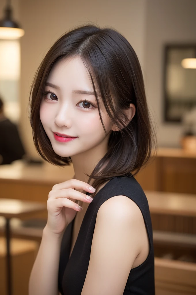 Selfie、 indoor、Very short hair、Berry Shortcut、Highest quality, figure, Super detailed, In detail, High resolution, 8k wallpaper, Perfect dynamic composition, Beautiful attention to detail, dress,Medium Hair, Small breasts、Natural color lip, Random sexy poses,smile,20-year-old girl