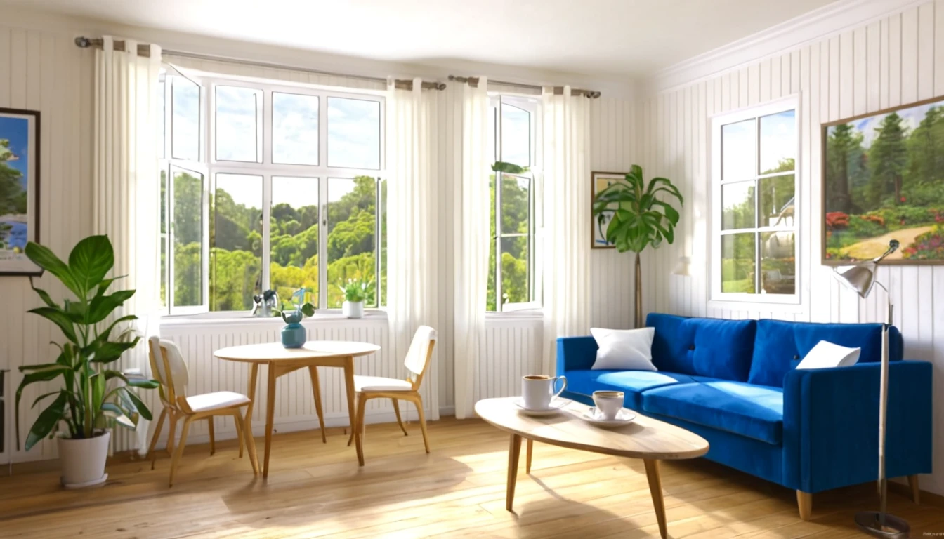 Describe a typical British home with a kitchen, wooden wallpaper, wood deck, coffee cup, a Corgi playing, posters on the walls, a white cushion, blue sofa, white curtains, potted plants, pendant light, and a bright morning scene with a forest view outside the window. The description should include very detailed information, like a 16k painting, and be visually appealing.