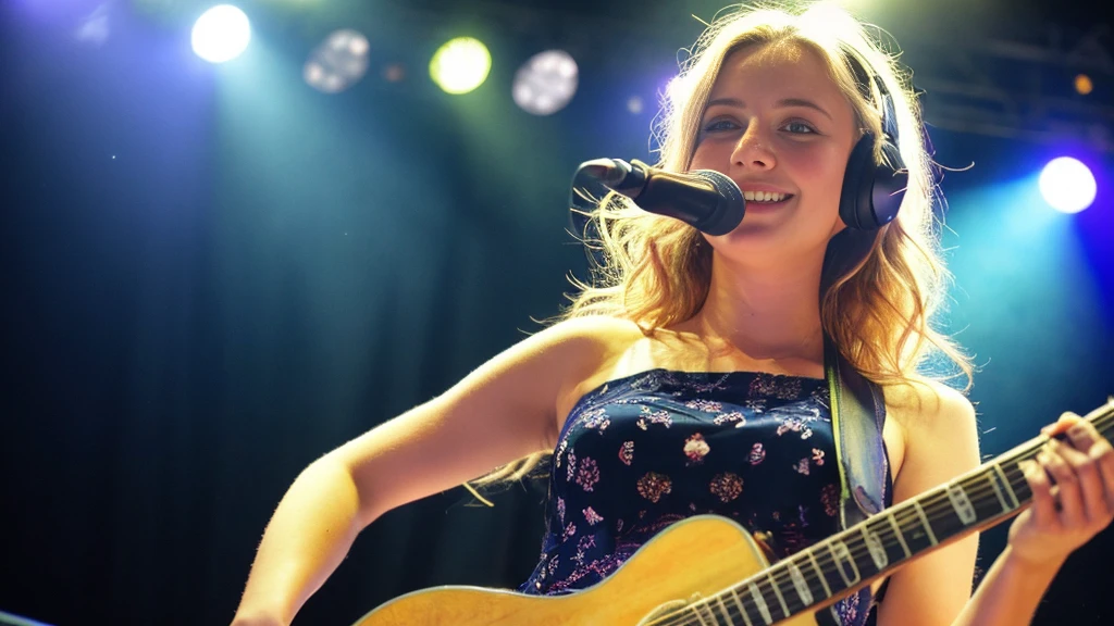 Beautiful blonde with big breasts in a dress (Playing guitar under the spotlight on stage at a live venue),Wearing headphones,Very detailed, 21 years old, Innocent face, Naturally Wavy Hair, blue eyes, High resolution, masterpiece, Highest quality, Intricate details, Very detailed, Clear focus, Delicate skin, practical skin texture, texture, Delicate eyes, Professional, 4K, Cute Smile, Shot with Canon, 85mm, Shallow and deep,  Kodak Vision Color, Exactly, Very detailed, photograph_\(Extremist\), photographpractical, practical, Post-processing, Maximum details, Roughness, Real Life, Extremist practical, Photorealism, photographgraphy, 8K Ultra HD, photographgraphy