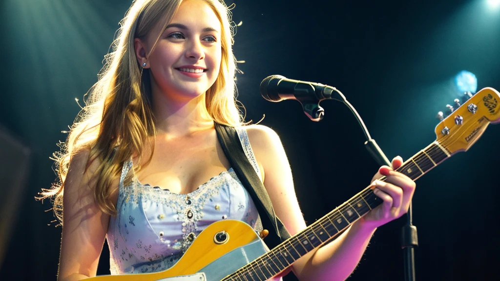 Beautiful blonde with big breasts in a dress (Playing guitar under the spotlight on stage at a live venue),Wearing headphones,Very detailed, 21 years old, Innocent face, Naturally Wavy Hair, blue eyes, High resolution, masterpiece, Highest quality, Intricate details, Very detailed, Clear focus, Delicate skin, practical skin texture, texture, Delicate eyes, Professional, 4K, Cute Smile, Shot with Canon, 85mm, Shallow and deep, Kodak Vision Color, Exactly, Very detailed, photograph_\(Extremist\), photographpractical, practical, Post-processing, Maximum details, Roughness, Real Life, Extremist practical, Photorealism, photographgraphy, 8K Ultra HD, photographgraphy