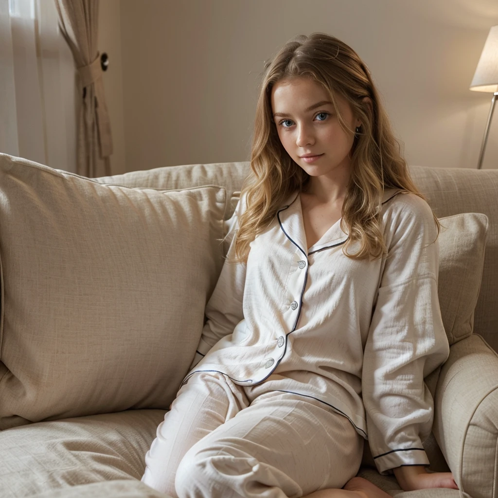 A blonde girl in pajamas looking sad shot from above
