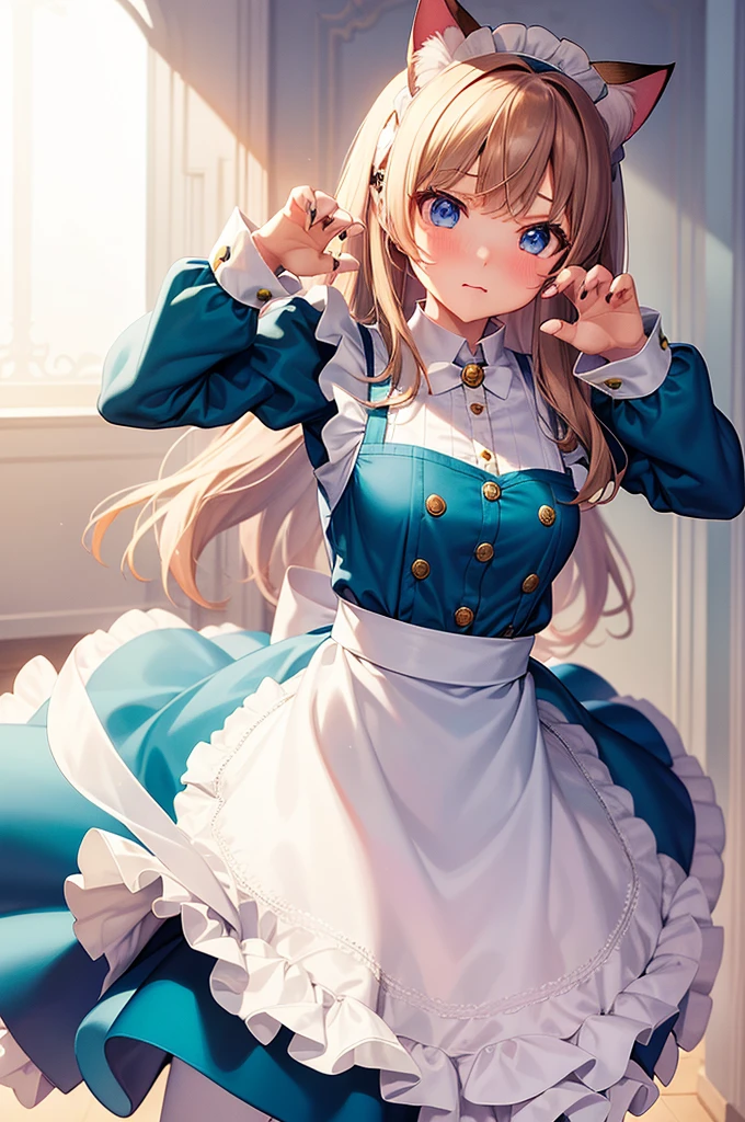 masterpiece, best quality,1girl, solo,whtie hair,medium hair,blue eyes,long sleeves,juliet sleeves,apron,maid,maid headdress,puffy sleeves,green dress,vest,buttons, white thighhighs,standing, looking at viewer, nose blush, (cat ear, claw pose:1.2),