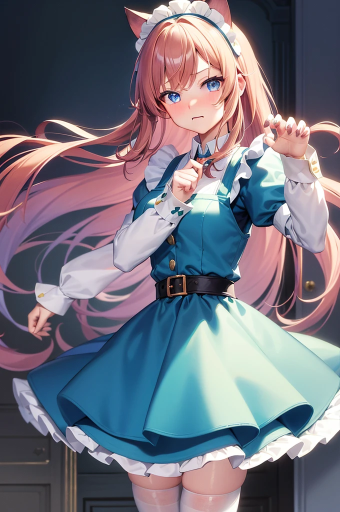 masterpiece, best quality,1girl, solo,whtie hair,medium hair,blue eyes,long sleeves,juliet sleeves,apron,maid,maid headdress,puffy sleeves,green dress,vest,buttons, white thighhighs,standing, looking at viewer, nose blush, (cat ear, claw pose:1.2),