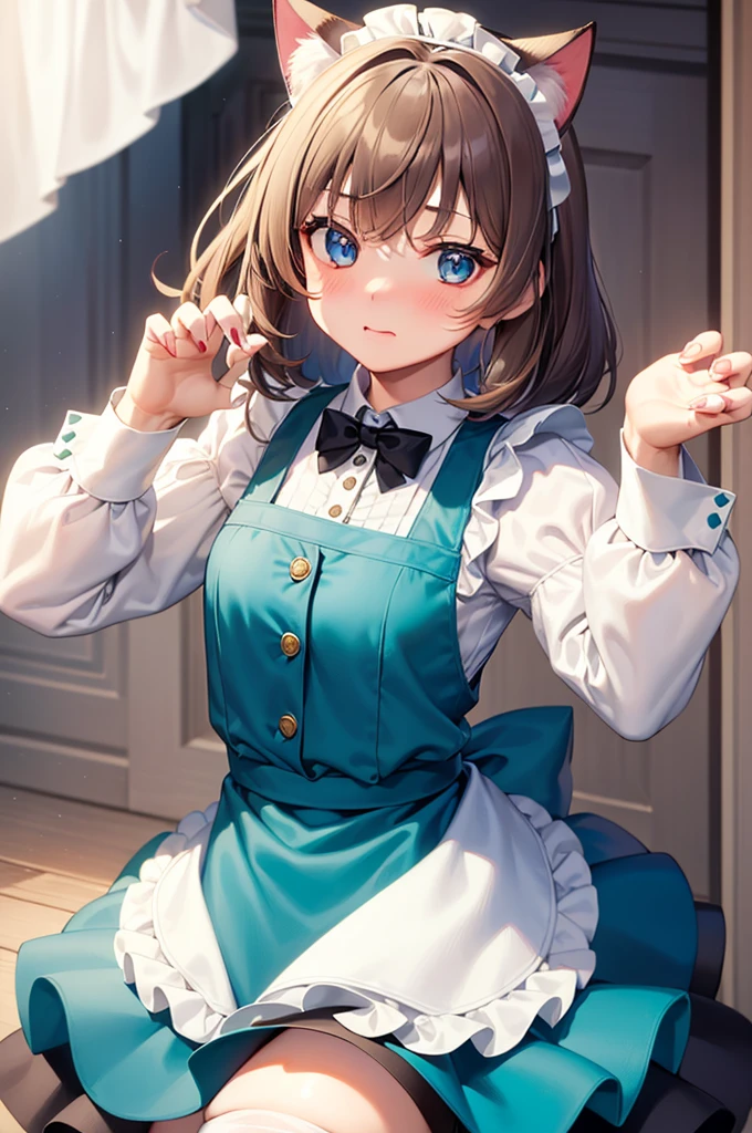 masterpiece, best quality,1girl, solo,whtie hair,medium hair,blue eyes,long sleeves,juliet sleeves,apron,maid,maid headdress,puffy sleeves,green dress,vest,buttons, white thighhighs,standing, looking at viewer, nose blush, (cat ear, claw pose:1.2),