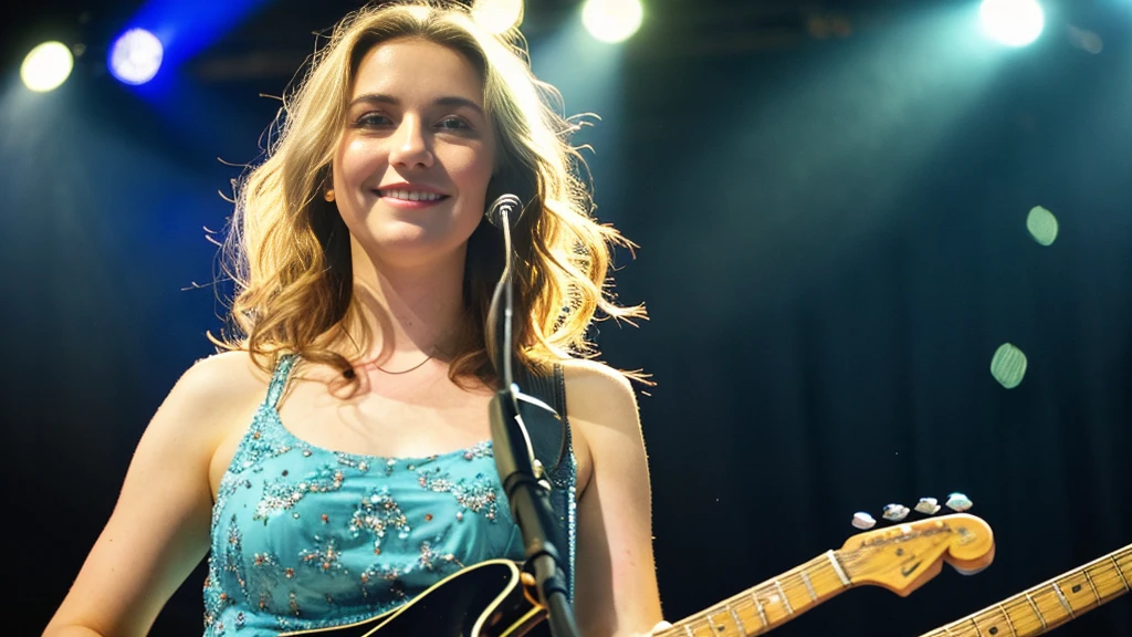 Beautiful blonde with big breasts in a dress (Playing guitar under the spotlight on stage at a live venue),Wearing headphones,Very detailed, 21 years old, Innocent face, Naturally Wavy Hair, blue eyes, High resolution, masterpiece, Highest quality, Intricate details, Very detailed, Clear focus, Delicate skin, practical skin texture, texture, Delicate eyes, Professional, 4K, Cute Smile, Shot with Canon, 85mm, Shallow and deep, Kodak Vision Color, Exactly, Very detailed, photograph_\(Extremist\), photographpractical, practical, Post-processing, Maximum details, Roughness, Real Life, Extremist practical, Photorealism, photographgraphy, 8K Ultra HD, photographgraphy