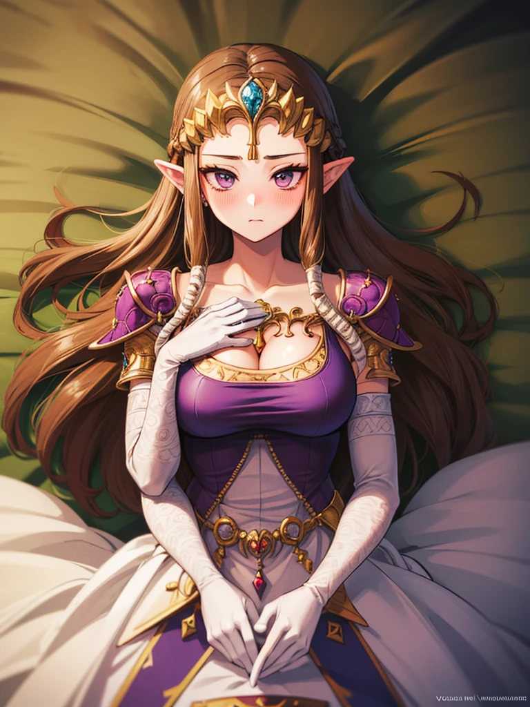 ((Expressionless)),((((1 boy, POV hands, Grab your chest)))),((Upper Body)),((alone)),((Lying in bed)),Anime art style,masterpiece,(Highest quality), (Super detailed),(Very delicate and beautiful),(alone),(detailedな顔と目),Beautiful eyes like jewels,(A truly gorgeous jeweled ruffled rococo ball gown dress),(((Mature Woman,Queen))),((1 Queen in a beautiful embroidery and jeweled absolutely gorgeous rococo ballgown dress with voluminous full length hoop skirt)),((crinoline)),Very detailedな絶対にゴージャスなロココボールガウンdressとフリルのボリュームのあるフルレングスのフープスカート,((Straight hair galore,Very long straight hair with plenty of volume,Super long straight hair)),,Cleavage,(bed),length_gloves,Very gorgeous hair accessory,Sparkling、A gorgeous jewel-studded tiara,((Gorgeous Glitter Jewelry)),Full body portrait,((bangs)),((Golden hair ornament)),((((Front Face)))),((((Adult Expressions)))),((((Beautiful Face)))),(((Exposed clothing)))),(()),(((Long Hair)))),((((Straight hair)))),((Cleavage)),((((Dark brown hair)))),Princess Zelda,((chest is slightly exposed)), ((Highest quality)),,(Very detailed) ,((Purple blouse)),((Put your arms behind your back)),Brown Hair,((Embarrassed look)),, ((Highest quality)), (Very detailed),((detailed)),(((pray))),Nintendo, The Legend of Zelda),Blushing,((alone)), ((Highest quality)), (Very detailed), ,