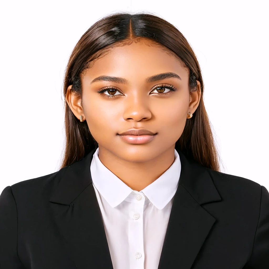 Transform the woman in the photograph into a young Black American woman, aged 20-25, with a natural brown skin tone and afro curly hair. Maintain the same black blazer and white shirt, identical pose, and neutral facial expression. Keep the background neutral and unchanged. --v 5 --ar 1:1