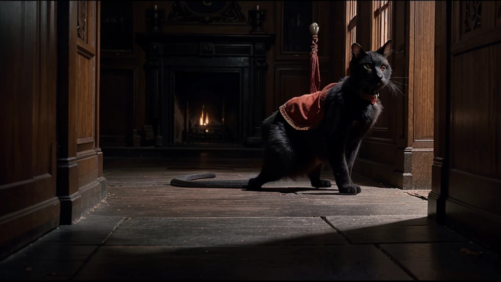 a magic domesticated black cat, red cape, amulet collar, chases after rat in a gothic mansion, high detail, atmospheric, 1980s anime screen caps