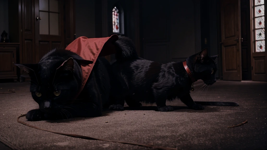 a magic domesticated black cat, red cape, amulet collar, chases after rat in a gothic mansion, high detail, atmospheric, 1980s anime screen caps