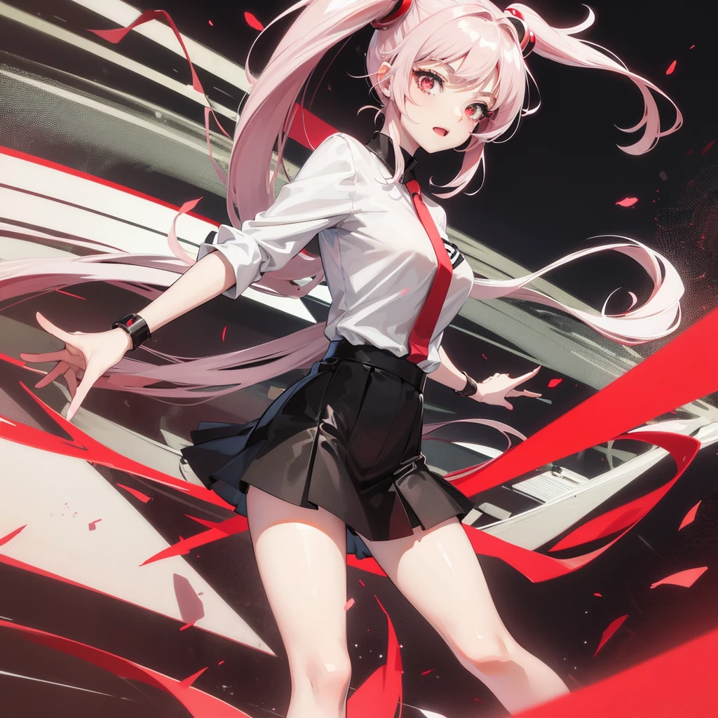 Anime, girl in a short miniskirt, red and white hair, Twin Tail, in a beautiful pose, 3D wallpaper 