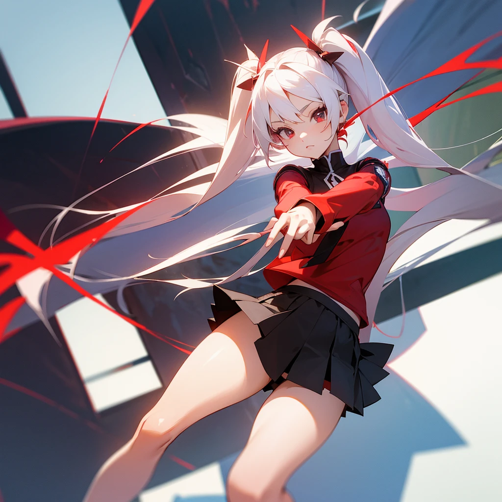 White hair, long hair ponytail
Short skirt , red eyes
Hot girl 
On a rooftop 
Dont use to much red beside eyes