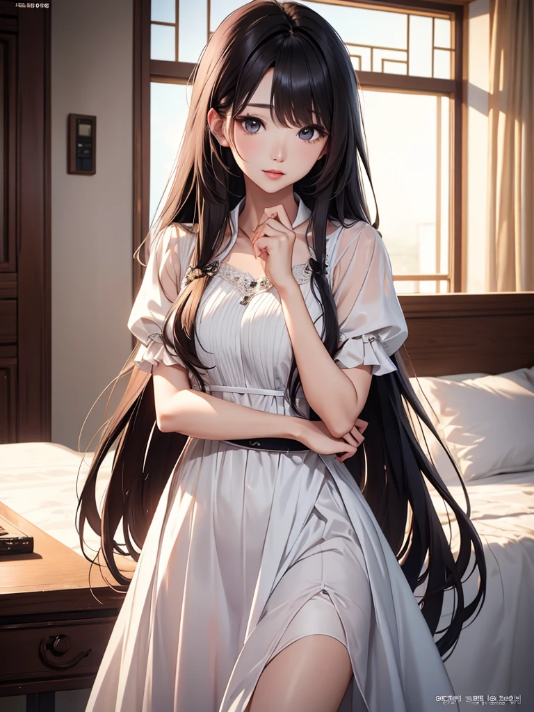 White silk, loli, black hair, long hair, transparent pajamas