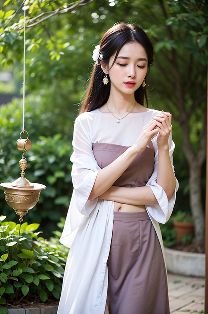 In a quaint garden, a mature woman admired a delicate wind chime swaying in the gentle breeze. Its tinkling melody echoed through the air, enchanting her senses. Mesmerized by the chime's harmonious dance, woman's heart soared with every musical note. As she closed her eyes, she could almost feel the whispers of the wind carrying her dreams and aspirations. In that moment, the wind chime became a symbol of hope and inspiration, reminding the woman to embrace life's melodies and find joy in the simplest of moments, two tone lighting, dynamic lighting
