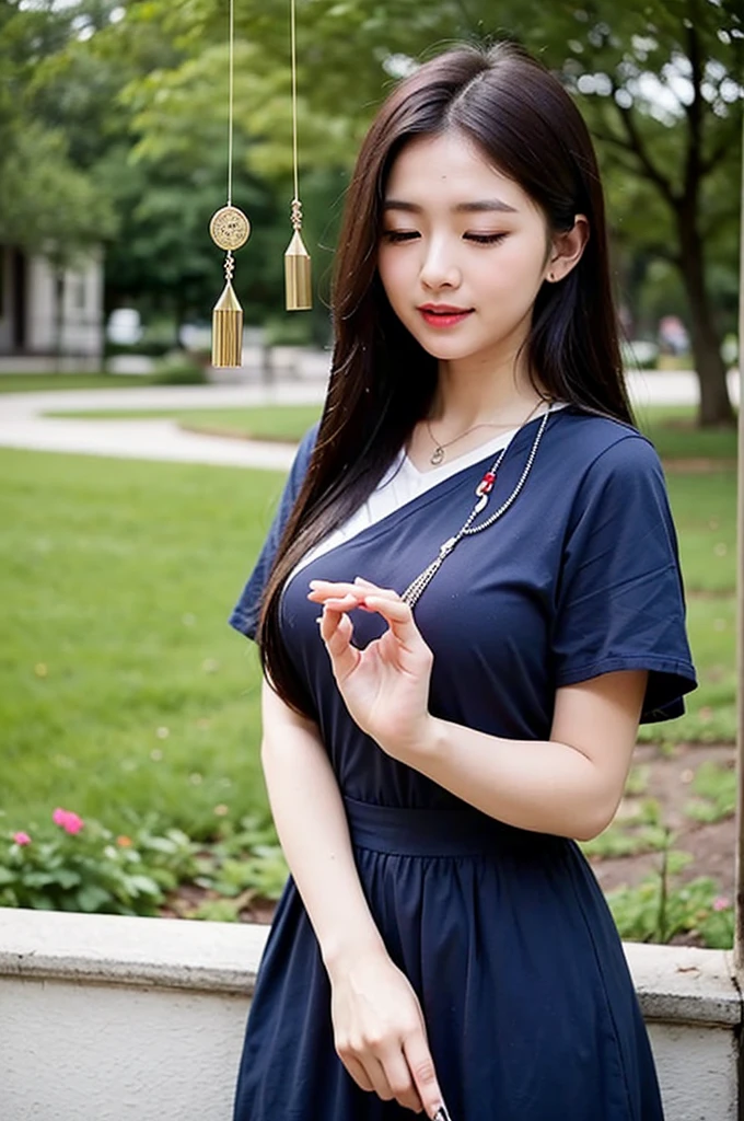 In a quaint garden, a mature woman admired a delicate wind chime swaying in the gentle breeze. Its tinkling melody echoed through the air, enchanting her senses. Mesmerized by the chime's harmonious dance, woman's heart soared with every musical note. As she closed her eyes, she could almost feel the whispers of the wind carrying her dreams and aspirations. In that moment, the wind chime became a symbol of hope and inspiration, reminding the woman to embrace life's melodies and find joy in the simplest of moments, two tone lighting, dynamic lighting