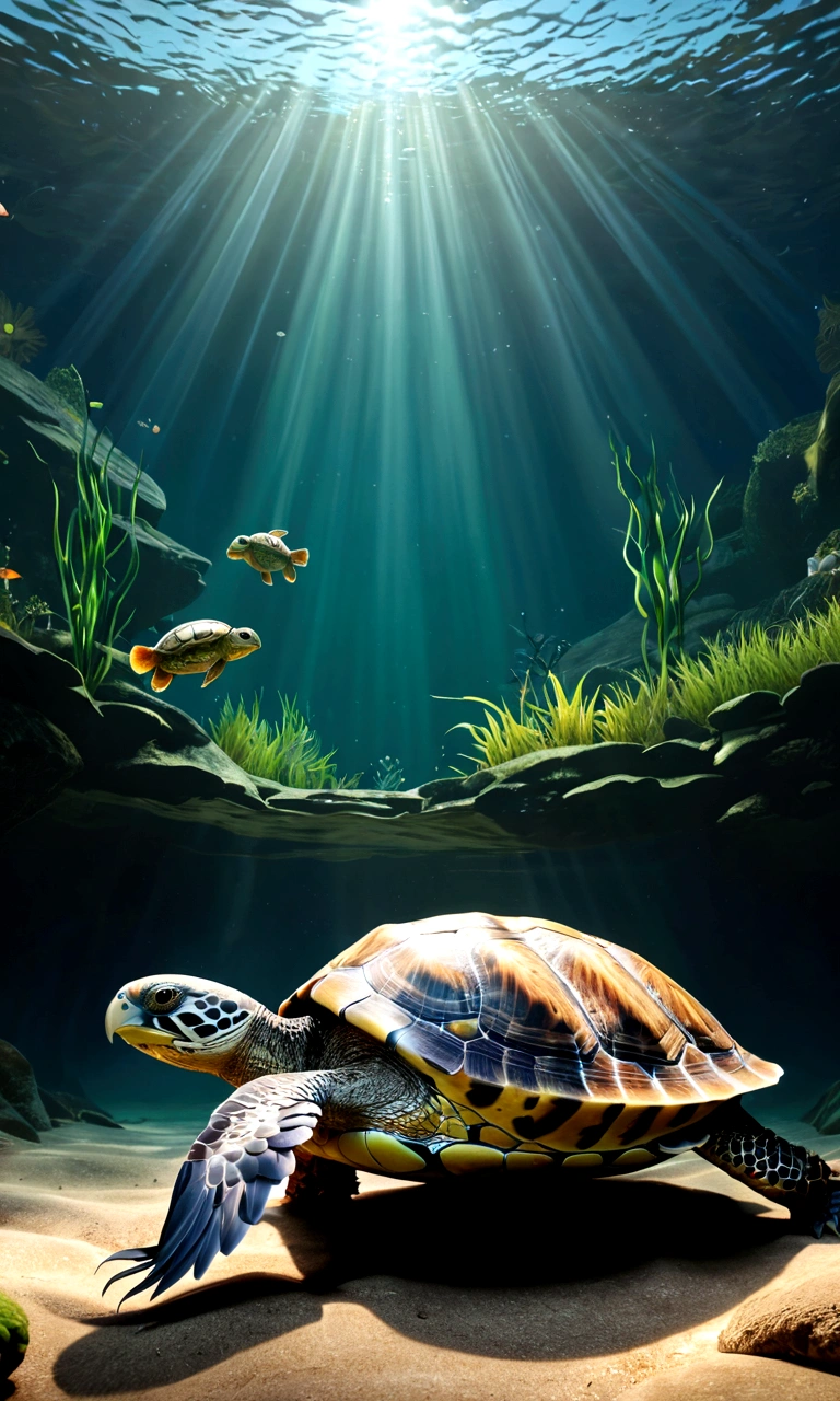 There is a creature at the bottom of the river，The head of the eagle，The body of a turtle，Snake&#39;s Tail，Full body view from the side，Mysterious Creatures, shrike, (best quality，4K，8K，High level，masterpiece：1.2），Ultra Detailed，（lifelike，Photo real，Photo real：1.37），Highly detailed animals，Complex patterns，Realistic lighting，Fantasy Creatures