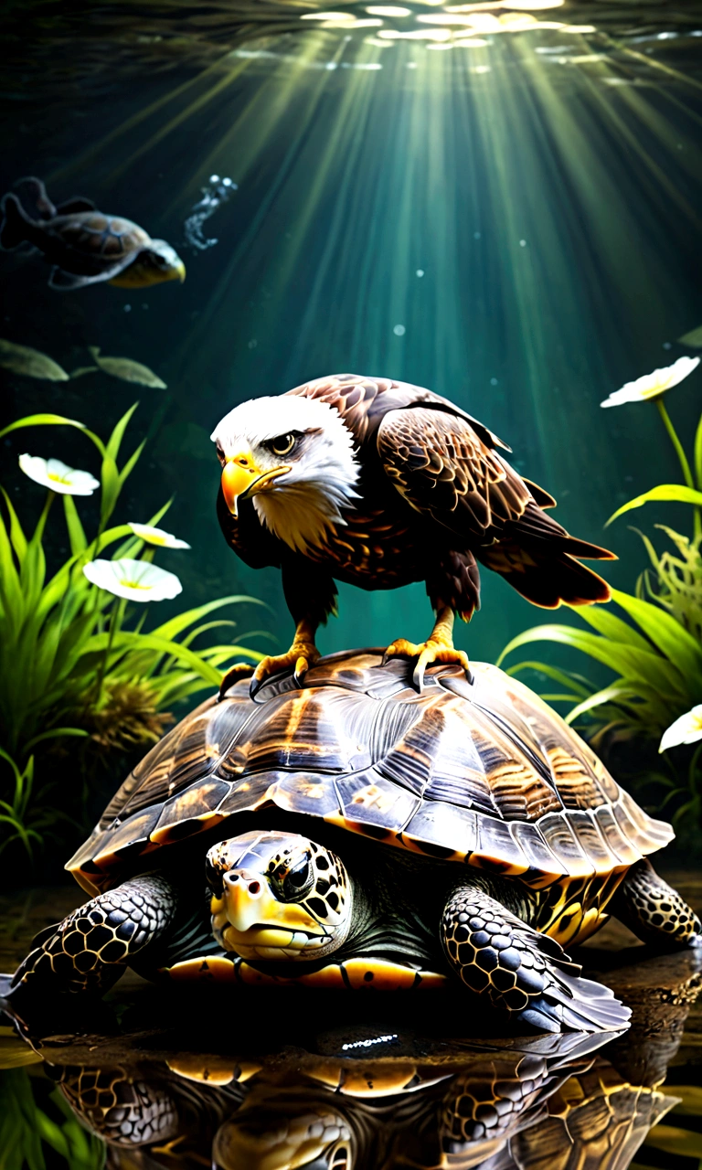 There is a creature at the bottom of the river,The head of the eagle,The body of a turtle,Snake's Tail,Full body view from the side,Mysterious Creatures, shrike, (best quality,4K,8K,High level,masterpiece:1.2),Ultra Detailed,(lifelike,Photo real,Photo real:1.37),Highly detailed animals,Complex patterns,Realistic lighting,Fantasy Creatures