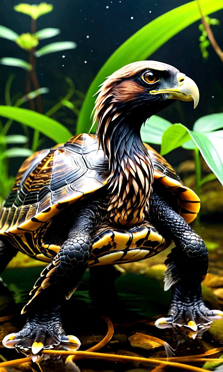 There is a creature at the bottom of the river，The head of the eagle，The body of a turtle，Snake&#39;s Tail，Full body view from the side，Mysterious Creatures, shrike, (best quality，4K，8K，High level，masterpiece：1.2），Ultra Detailed，（lifelike，Photo real，Photo real：1.37），Highly detailed animals，Complex patterns，Realistic lighting，Fantasy Creatures