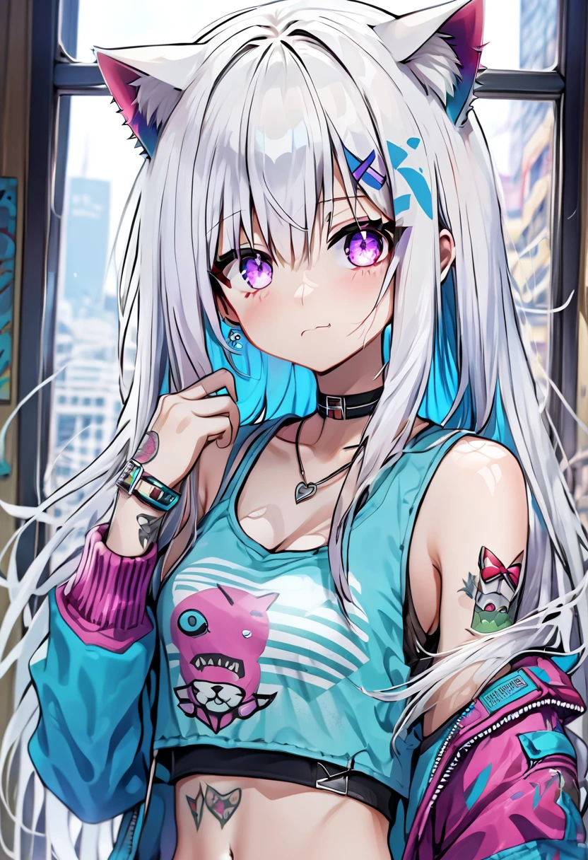 Adult girl, long white hair, cat ears, cat tail, multi-colored eyes, heterohromia, left eye purple, right eye turquoise, red learher ripped spike jacket, white tight top, purple print, blue shorts, lot of tattoo, scars, open belly, small breasts, wide neckline, boob window, window in chest, little muscles, smirk, claws, hands behind head, Masterpiece, best quality, Full HD, 8k, ultra details, great graphic