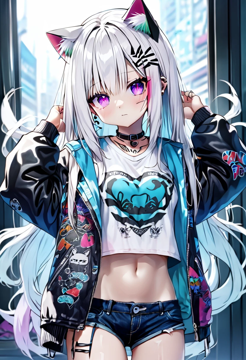 Adult girl, long white hair, cat ears, cat tail, multi-colored eyes, heterohromia, left eye purple, right eye turquoise, red learher ripped spike jacket, white tight top, purple print, blue shorts, lot of tattoo, scars, open belly, small breasts, wide neckline, boob window, window in chest, little muscles, smirk, claws, hands behind head, Masterpiece, best quality, Full HD, 8k, ultra details, great graphic