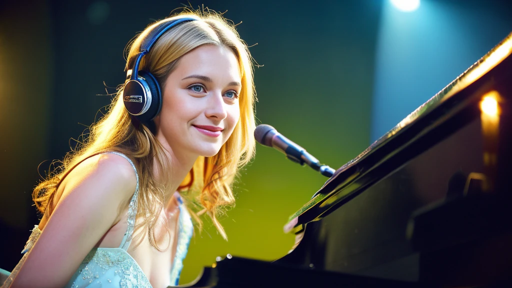 Beautiful blonde with big breasts in a dress (Playing the piano under the spotlight on stage at a live concert),Wearing headphones,Very detailed, 21 years old, Innocent face, Naturally Wavy Hair, blue eyes, High resolution, masterpiece, Highest quality, Intricate details, Very detailed, Clear focus, Delicate skin, practical skin texture, texture, Delicate eyes, Professional, 4K, Cute Smile, Shot with Canon, 85mm, Shallow and deep,  Kodak Vision Color, Exactly, Very detailed, photograph_\(Extremist\), photographpractical, practical, Post-processing, Maximum details, Roughness, Real Life, Extremist practical, Photorealism, photographgraphy, 8K Ultra HD, photographgraphy