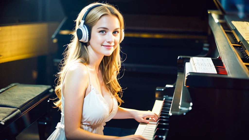 Beautiful blonde with big breasts in a dress (Playing the piano under the spotlight on stage at a live concert),Wearing headphones,Very detailed, 21 years old, Innocent face, Naturally Wavy Hair, blue eyes, High resolution, masterpiece, Highest quality, Intricate details, Very detailed, Clear focus, Delicate skin, practical skin texture, texture, Delicate eyes, Professional, 4K, Cute Smile, Shot with Canon, 85mm, Shallow and deep,  Kodak Vision Color, Exactly, Very detailed, photograph_\(Extremist\), photographpractical, practical, Post-processing, Maximum details, Roughness, Real Life, Extremist practical, Photorealism, photographgraphy, 8K Ultra HD, photographgraphy