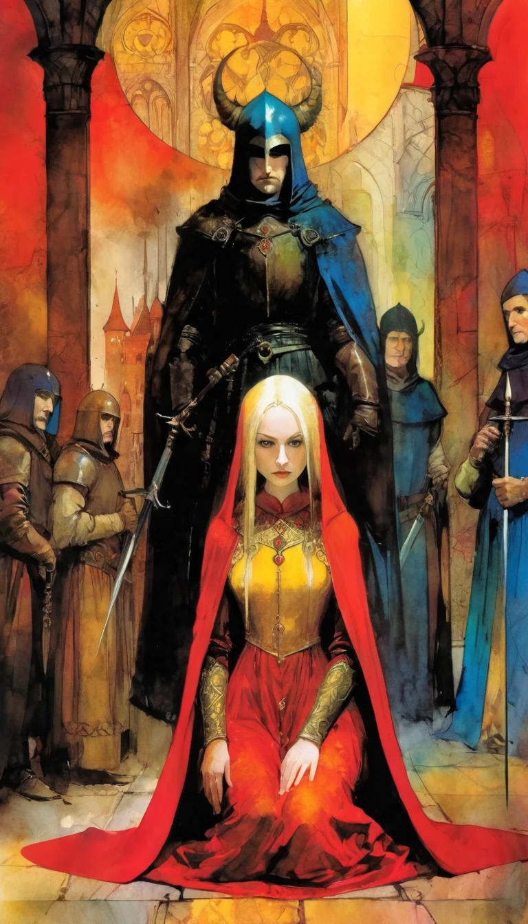 a trial in the middle ages, Artwork inspired by Bill Sienkiewicz, vivid colors, intricate details, oil.