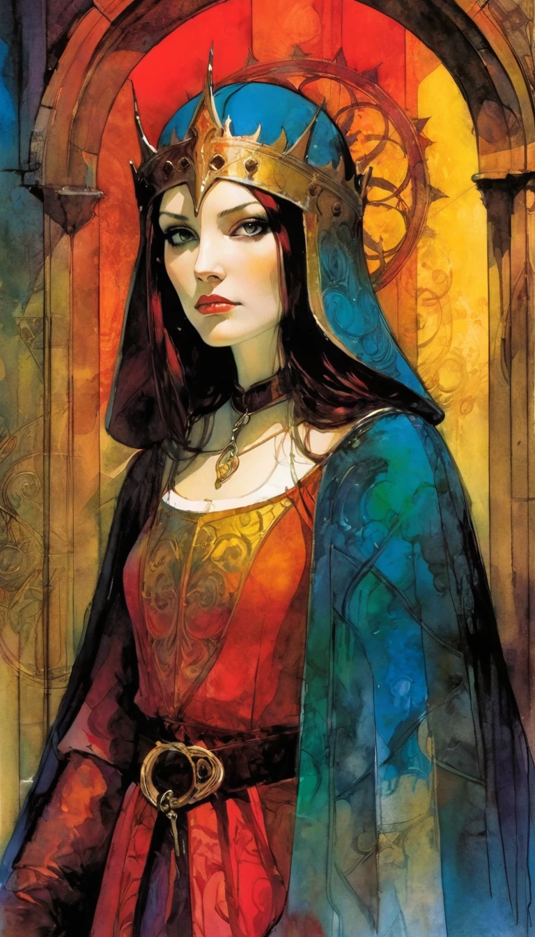 a trial in the middle ages, Artwork inspired by Bill Sienkiewicz, vivid colors, intricate details, oil.