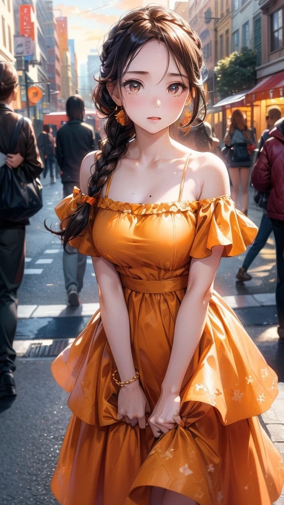 (masterpiece, best quality, ultra-detailed, photorealistic), 1 girl, curvaceous but slender body, a woman posing on the street corner with orange dress on, best quality, 1girl, large breast, day, bright, blur background, bokeh, outdoor, (street:0.8), (people, crowds:0.8), (off-shoulder dress:1.2), gorgeous, (braided bangs:1.2), beautiful detailed sky, (dynamic pose:1.2), soft lighting, wind, shiny skin, (upper body:0.8), (freckles:0.8), mole under mouth,