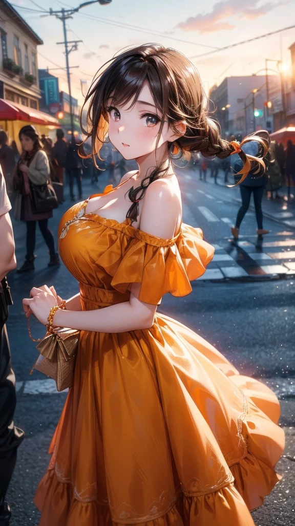 a woman posing on the street corner with orange dress on, best quality, 1 Girl, Big breasts, sky, bright, Blurred Background, bokeh, outdoor, (street:0.8), (people, crowd:0.8), (off shoulder dress:1.2), Gorgeous, (Braided Bangs:1.2), Beautiful and delicate sky, (Dynamic poses:1.2), soft light, wind, shiny skin, (Upper Body:0.8), (freckle:0.8), Mole under mouth, 