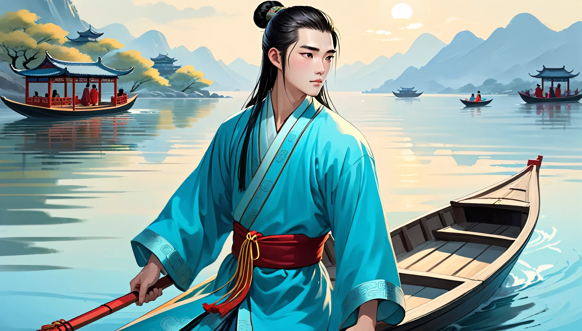 Create a young Chinese male named John,round face,Fair complexion,Black eyes,hairstyle: long hair(comb your hair into a bun),Wear light sky blue Chinese scholar traditional robe,Paddling the boat briskly close to the shore。