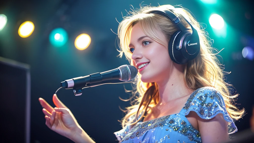 Beautiful blonde with big breasts in a dress (1Singing under the spotlight on stage at a live venue with tens of thousands of people watching),Wearing headphones,Very detailed, 21 years old, Innocent face, Naturally Wavy Hair, blue eyes, High resolution, masterpiece, Highest quality, Intricate details, Very detailed, Clear focus, Delicate skin, practical skin texture, texture, Delicate eyes, Professional, 4K, Cute Smile, Shot with Canon, 85mm, Shallow and deep, Kodak Vision Color, Exactly, Very detailed, photograph_\(Extremist\), photographpractical, practical, Post-processing, Maximum details, Roughness, Real Life, Extremist practical, Photorealism, photographgraphy, 8K Ultra HD, photographgraphy
