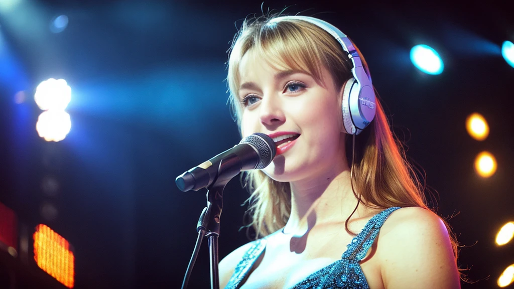 Beautiful blonde with big breasts in a dress (Singing under the spotlight on stage at a live venue),Wearing headphones,Very detailed, 21 years old, Innocent face, Naturally Wavy Hair, blue eyes, High resolution, masterpiece, Highest quality, Intricate details, Very detailed, Clear focus, Delicate skin, practical skin texture, texture, Delicate eyes, Professional, 4K, Cute Smile, Shot with Canon, 85mm, Shallow and deep, Kodak Vision Color, Exactly, Very detailed, photograph_\(Extremist\), photographpractical, practical, Post-processing, Maximum details, Roughness, Real Life, Extremist practical, Photorealism, photographgraphy, 8K Ultra HD, photographgraphy