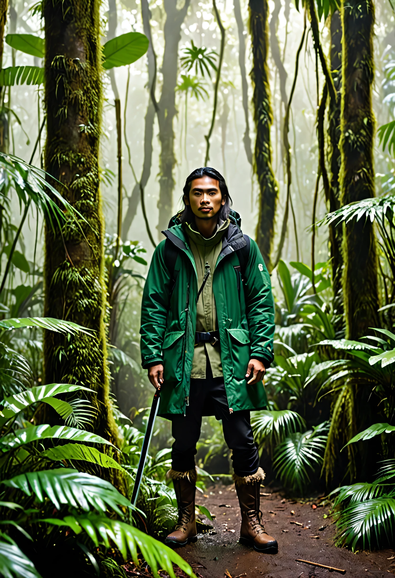 
A full body, cinematic portrait of a Malay-looking man with long hair wearing boots. He is 170 cm tall and weighs 90 kg. He is wearing a dark green parka jacket and a North Face backpack, standing in a foggy rainforest with a a blade of katana. He is an outdoor explorer. The background has subtle light, creating a magical rainforest scene. The man is walking in the rainforest, creating a mystical rainforest atmosphere. His face is looking at the camera, and the portrait is taken from the side. The image should be realistic.