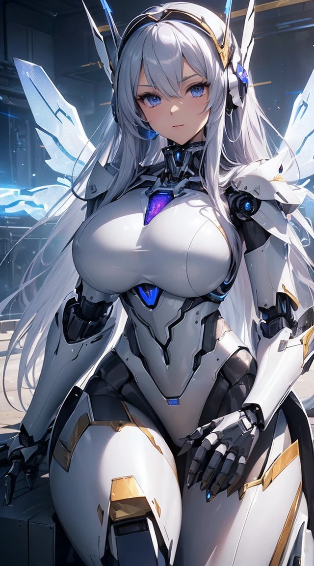 (Sit with one knee on the machine:1.6)、(Full body description:1.3)、((Shining lenses on both breasts:1.3))、((Blue pillars of light are emanating from both chests.:1.3))、smile、((8K)), ((32k)), ((Highest quality)), ((masterpiece)), ((超A high resolution)), ((Tmasterpiece)), ((Halation:1.4))、((Mechaニカルheadgear:1.2))、((Cyber headphones:1.3))、Fine skin, High quality fabric, Fine metal texture、((Beautiful and dense face))、RAW Photos、Professional, Ultra-fine painting, ((alone)), Beautiful breasts、Highest quality, Very detailed, Very detailed詳細, Finer details, so beautiful, ((Princess Knight Robot:1.2)), (Joints of machines, Mechanical Limbs:1.3), (The internal structure of the machine is exposed:1.3), (Long silver hair:1.1), (Beautiful and huge mechanical breasts)、White Veil, cowboy_shot, Side Focus, headgear, Shiny、(Five Fingers, Four fingers and thumb),Concept Art, Anime fantasy artwork, Detailed fantasy art, (with pale blue-violet hair and large white wings,,,,,,,), (((Long silver hair))), (Mecha:1.6)、Sleek and intimidating design, ((Commander-in-Chief'arm)), (Perfect robot body)、純白と青紫armまたは, Symmetrical wings, 8K high quality, detailed art, 3D rendering of character art in 8K, neat legs, Defined, Defined fingers,