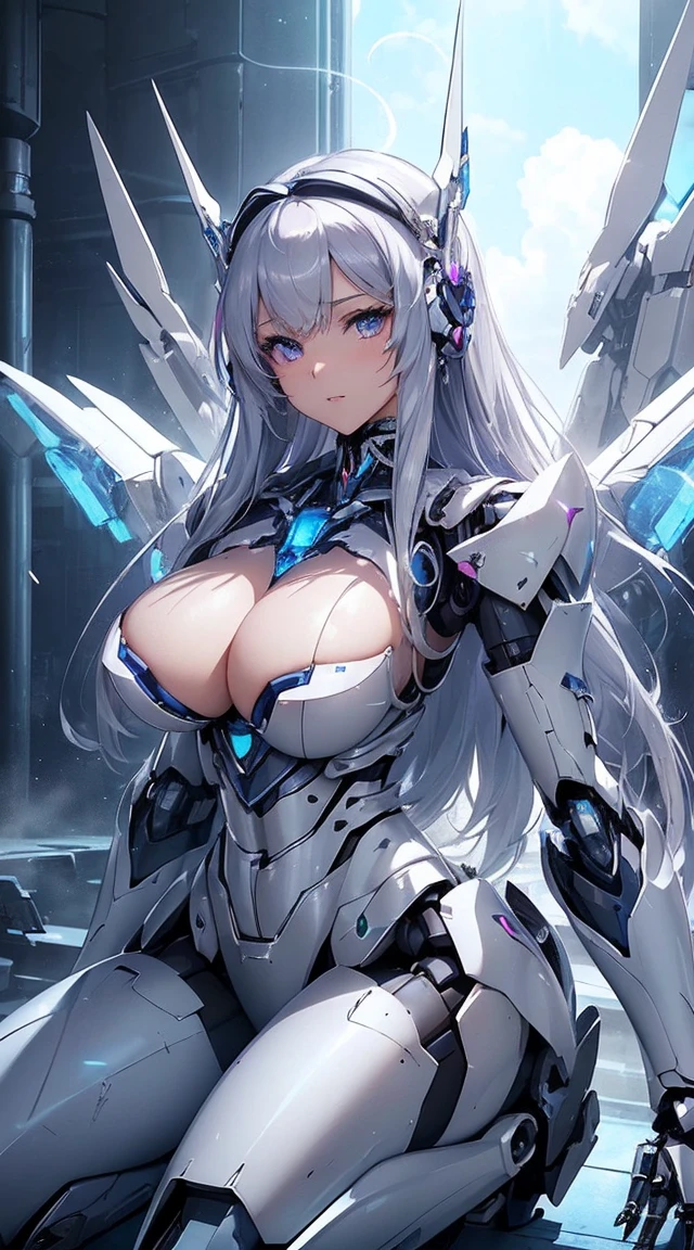 (Sit with one knee on the machine:1.6)、(Full body description:1.3)、((Shining lenses on both breasts:1.3))、((Blue pillars of light are emanating from both chests.:1.3))、smile、((8K)), ((32k)), ((Highest quality)), ((masterpiece)), ((超A high resolution)), ((Tmasterpiece)), ((Halation:1.4))、((Mechaニカルheadgear:1.2))、((Cyber headphones:1.3))、Fine skin, High quality fabric, Fine metal texture、((Beautiful and dense face))、RAW Photos、Professional, Ultra-fine painting, ((alone)), Beautiful breasts、Highest quality, Very detailed, Very detailed詳細, Finer details, so beautiful, ((Princess Knight Robot:1.2)),  (Joints of machines, Mechanical Limbs:1.3), (The internal structure of the machine is exposed:1.3), (Long silver hair:1.1), (Beautiful and huge mechanical breasts)、White Veil, cowboy_shot, Side Focus, headgear, Shiny、(Five Fingers, Four fingers and thumb),Concept Art, Anime fantasy artwork, Detailed fantasy art, (with pale blue-violet hair and large white wings,,,,,,,), (((Long silver hair))), (Mecha:1.6)、Sleek and intimidating design, ((Commander-in-Chief&#39;arm)), (Perfect robot body)、純白と青紫armまたは, Symmetrical wings, 8K high quality, detailed art, 3D rendering of character art in 8K, neat legs, Defined, Defined fingers,