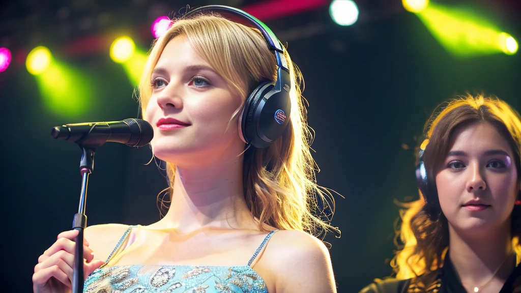 Beautiful blonde with big breasts in a dress (1Singing under the spotlight on stage at a live venue with tens of thousands of people watching),Wearing headphones,Very detailed, 21 years old, Innocent face, Naturally Wavy Hair, blue eyes, High resolution, masterpiece, Highest quality, Intricate details, Very detailed, Clear focus, Delicate skin, practical skin texture, texture, Delicate eyes, Professional, 4K, Cute Smile, Shot with Canon, 85mm, Shallow and deep, Kodak Vision Color, Exactly, Very detailed, photograph_\(Extremist\), photographpractical, practical, Post-processing, Maximum details, Roughness, Real Life, Extremist practical, Photorealism, photographgraphy, 8K Ultra HD, photographgraphy