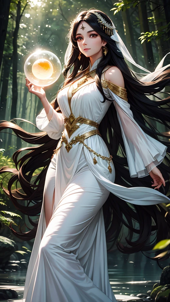 Magical woman with brown eyes and long black hair in white dress in a night forest with orb of light water element highest quality artwork 8k 