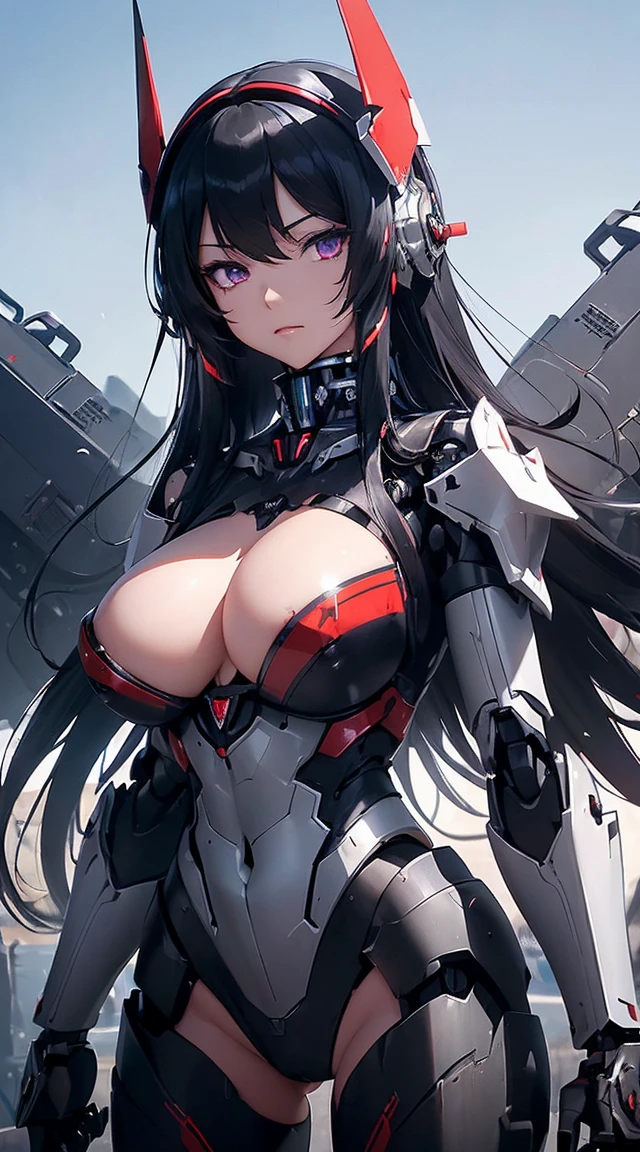 ((Shining lenses on both breasts:1.3))、((Pillars of red light radiate from both chests..:1.3))、((Attack pose:1.6))、((He has a red sword and a long rifle:1.6))、((Battle Scenes:1.8))、((8K)), ((32k)), ((Highest quality)), ((masterpiece)), ((超A high resolution)), ((Tmasterpiece)), ((Halation:1.4))、((Mechaニカルheadgear:1.2))、((Cyber headphones:1.3))Fine skin, High quality fabric, High-quality metal texture、((Beautiful and dense face))、RAW Photos、Professional, Ultra-fine painting, ((alone)), Beautiful breasts、Highest quality, Very detailed, Very detailed詳細, Finer details, so beautiful, ((Black Knight Robot:1.2)), (Joint of the machine, Mechanical Limbs:1.3), (The internal structure of the machine is exposed:1.3), (Long black hair:1.1), (Beautiful and huge mechanical breasts)、White Veil, cowboy_shot, Side Focus, headgear, Shiny、(Five Fingers, Four fingers and thumb),Concept Art, Anime fantasy artwork, Detailed fantasy art, (Has light blue-purple hair and black wings,,,,,,), (((Long black hair))), (Mecha:1.6)、Sleek and intimidating design, (Jet black perfect robot body)、Jet black and reddish purple arms, Symmetrical wings, 8K High Resolution, Detailed Art, 3D rendering of character art in 8K, neat legs, Defined, Defined fingers,((headshot:1.6))