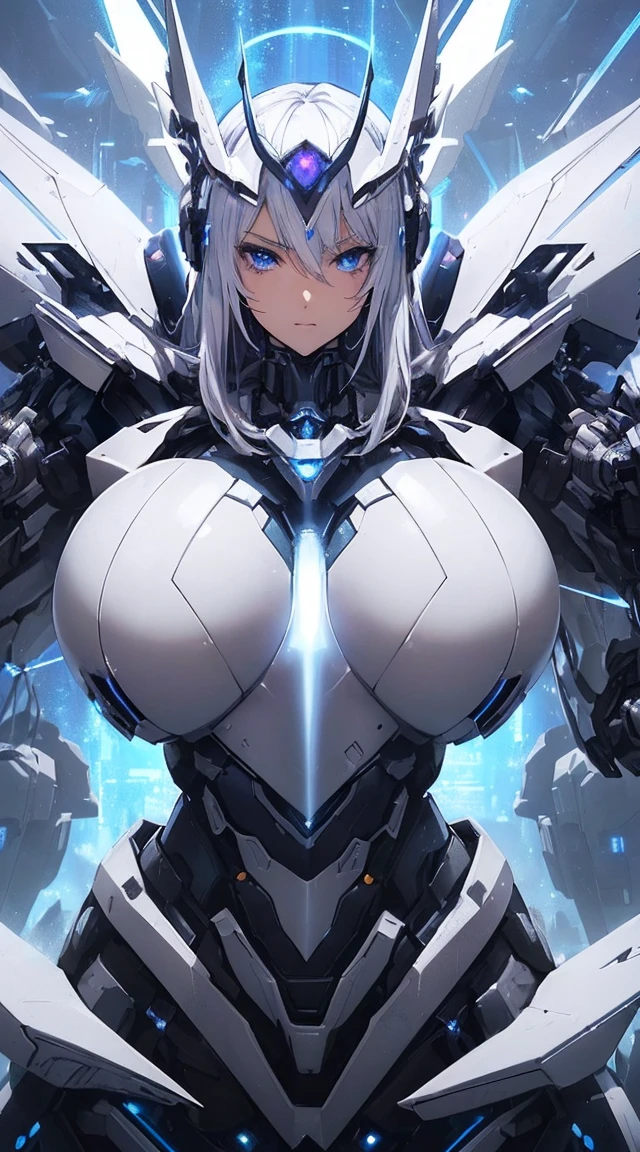 ((Extreme close up:1.6))、(((Lenses shining on both breasts:1.3)))、((Blue pillars of light radiate from both of his chests..:1.3))、break、(((Dynamic pose:1.8)))、smile、((8K)), ((32k)), ((Highest quality)), ((masterpiece)), ((超A high resolution)), ((Tmasterpiece)), ((Halation:1.4))、((Mechaニカルheadgear:1.2))、((Cyber headphones:1.3))Fine skin, High quality fabric, High-quality metal texture、((Beautiful and dense face))、RAW Photos、Professional, Ultra-fine painting, ((alone)), Beautiful breasts、Highest quality, Very detailed, Very detailed詳細, Finer details, so beautiful, ((Princess Knight Robot:1.2)),  (Joint of the machine, Mechanical Limbs:1.3), (The internal structure of the machine is exposed:1.3), (Long silver hair:1.1), (Beautiful and huge mechanical breasts)、White Veil, cowboy_shot, Side Focus, headgear, Shiny、(Five Fingers, Four fingers and thumb),Concept Art, Anime fantasy artwork, Detailed fantasy art, (with pale blue-violet hair and large white wings,,,,,,,,), (((Long silver hair))), (Mecha:1.6)、Sleek and intimidating design, ((Commander-in-Chief&#39;arm)), (Perfect robot body)、純白と青紫のarmまたは, Symmetrical wings, 8K High Resolution, Detailed Art, 3D rendering of character art in 8K, neat legs, Defined, Defined fingers,((headshot:1.3))