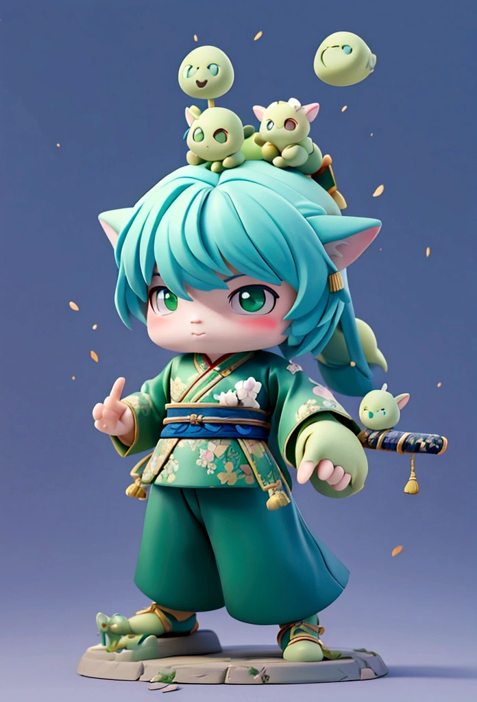 A middle-aged man,Mighty and domineering,chibi,armor,(green:0.5),long whiskers,(Holding the Blue Dragon Moon Knife:1.3),Chinese clothing,whole body