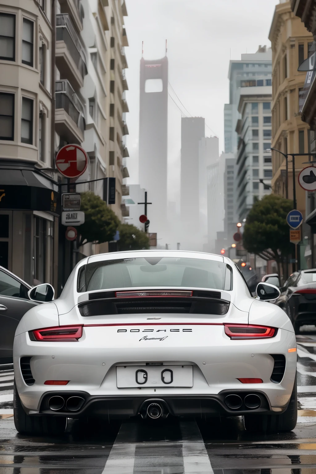 a Porsche 911 racing through the streets of San Francisco in the rain
((detailded)), ((realisitic))