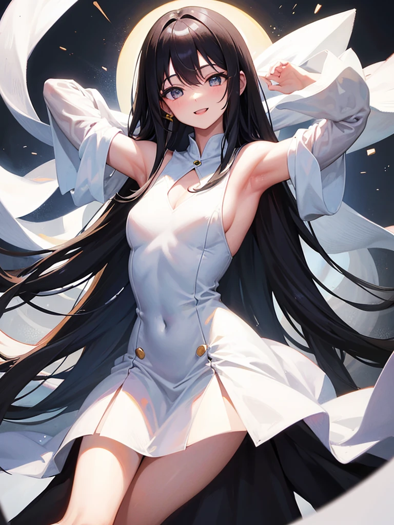 Long black hair White sexy dress Raising his arms to show his armpits smile