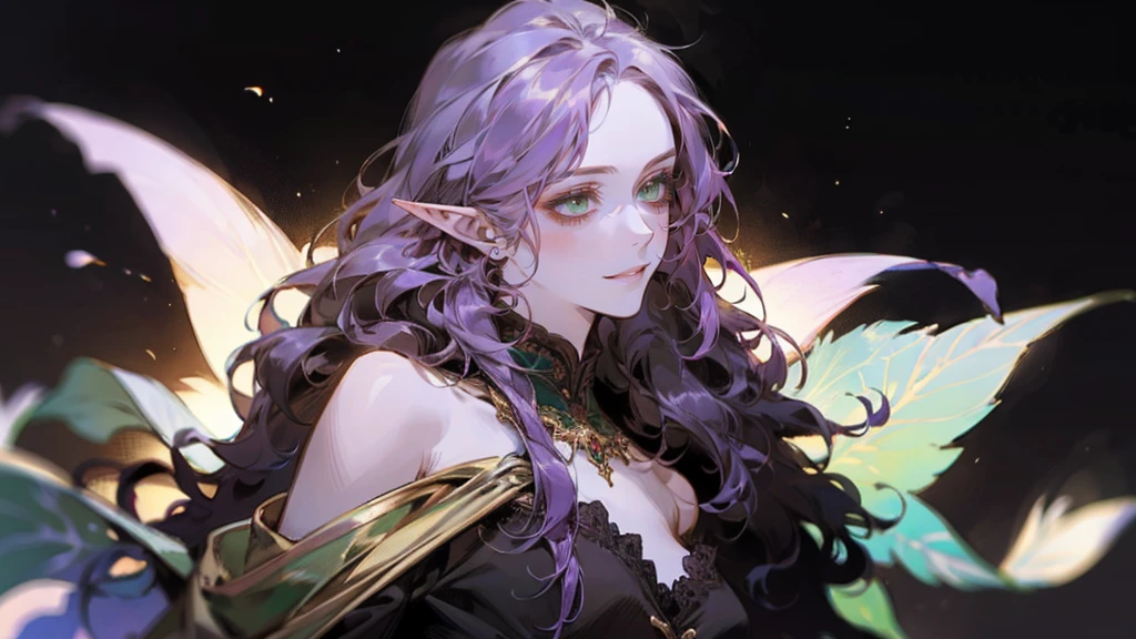 A beautiful, elegant girl with purple hair, green eyes and pale skin. Her hair is long and curly, she has two pretty tufts on the sides. She is an elf girl. elf ears. (she smiles). black background.