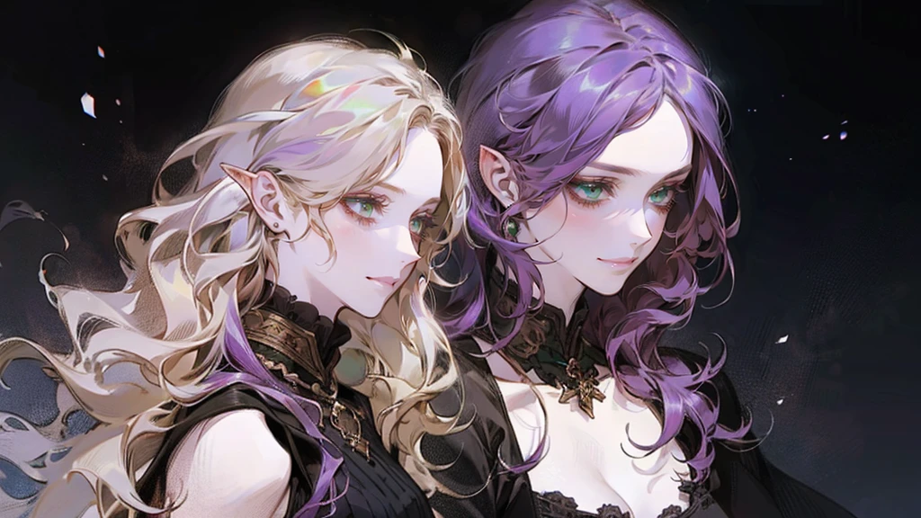 A beautiful, elegant girl with purple hair, green eyes and pale skin. Her hair is long and curly, she has two pretty tufts on the sides. She is an elf girl. elf ears. (slight smile). black background.