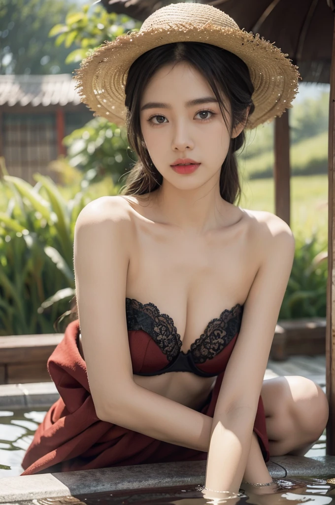 (((best quality))),(((ultra detailed))),(((masterpiece))),illustration,1 beautiful girl,plum,straw hat,shiny skin,black skin,sweat,wet,gigantic breasts,strapless Embroidered red bra,collar,sitting in the Paddy pool filled with Rice seedlings,close-up of face,elegant, clear sky, sunlight, dreamy, contrast, natural,Chinese rural landscape,