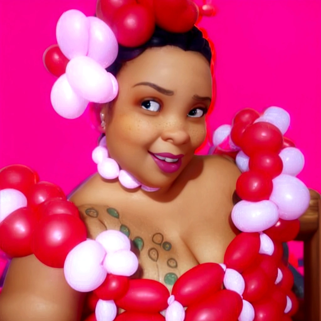 chibi, plumpness, Cabelo braids box, (Pixar-style) (master part:1.2) (bokeh) (best qualityer) (skin detailed) (detailed texture) (8K) (beiges) (cinematic lighting) (sharp focus) (simple background)TEXTNAME JHANA sells balloons .