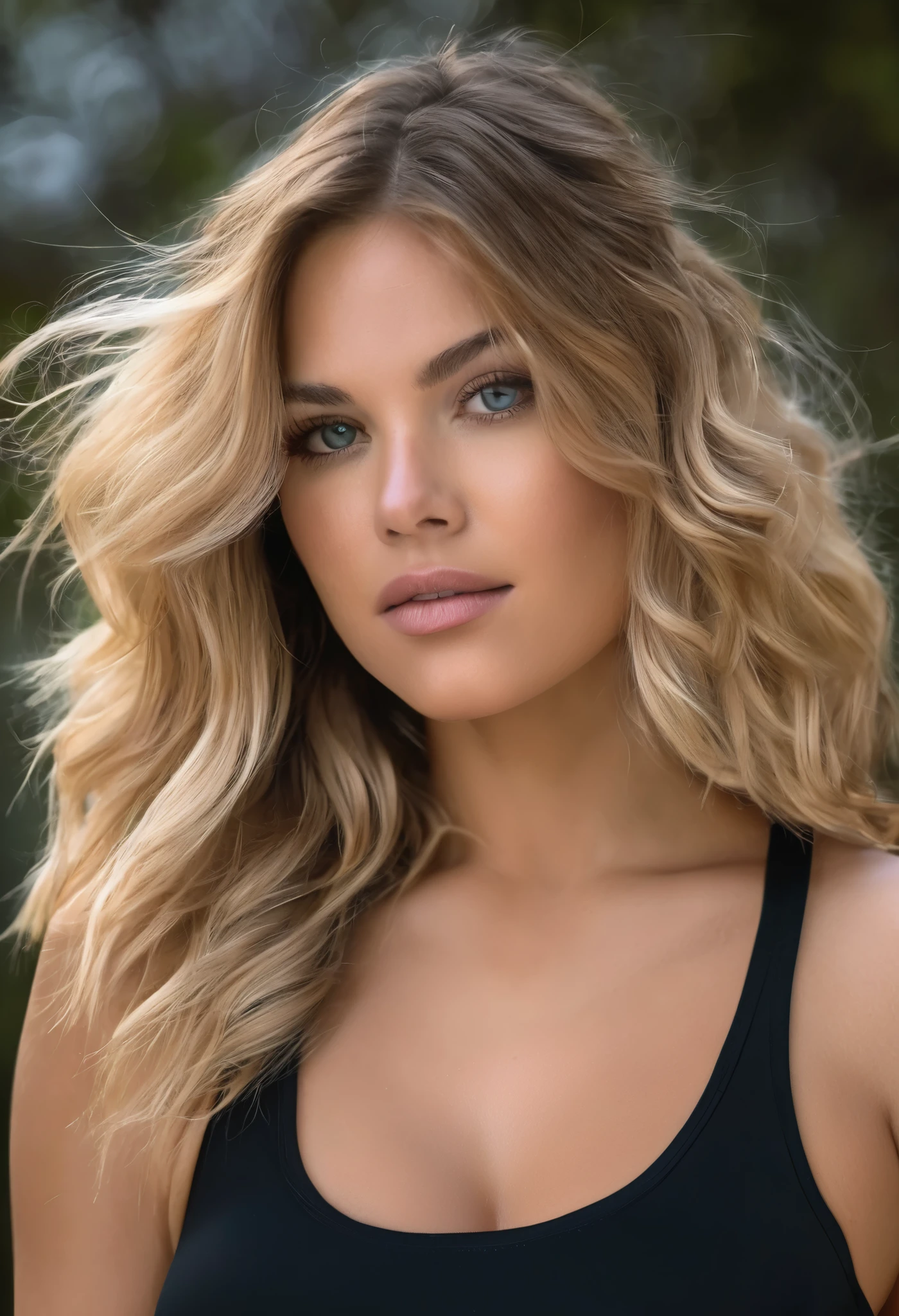 Photo de portrait UHD brute d&#39;a 26 year old Caucasian Australian girl named Akira. longs cheveux blonds, very big breasts, feminine traits, Athletic physique, digital SLR, ultra quality, sharpness, merci Sharp, (Center), Fujifilm XT3, detailed skin pores, bronzer, intricate eye detail, yeux bleus, soutien-gorge de sport coupe basse, sexy ((best quality)), ((chef-d&#39;artwork)), (detailed), visage parfait, Photographie 4K, in the evening 