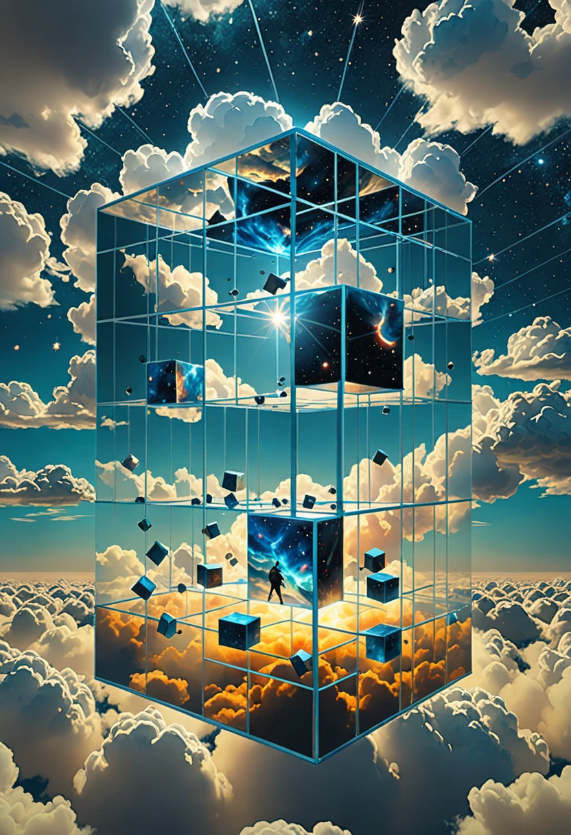 Bosch style, Translucent cube captures eerie clouds, the Star scape warps, Time warp, Surrealism prevails, Star, Luminescence, 闪闪Luminescence的